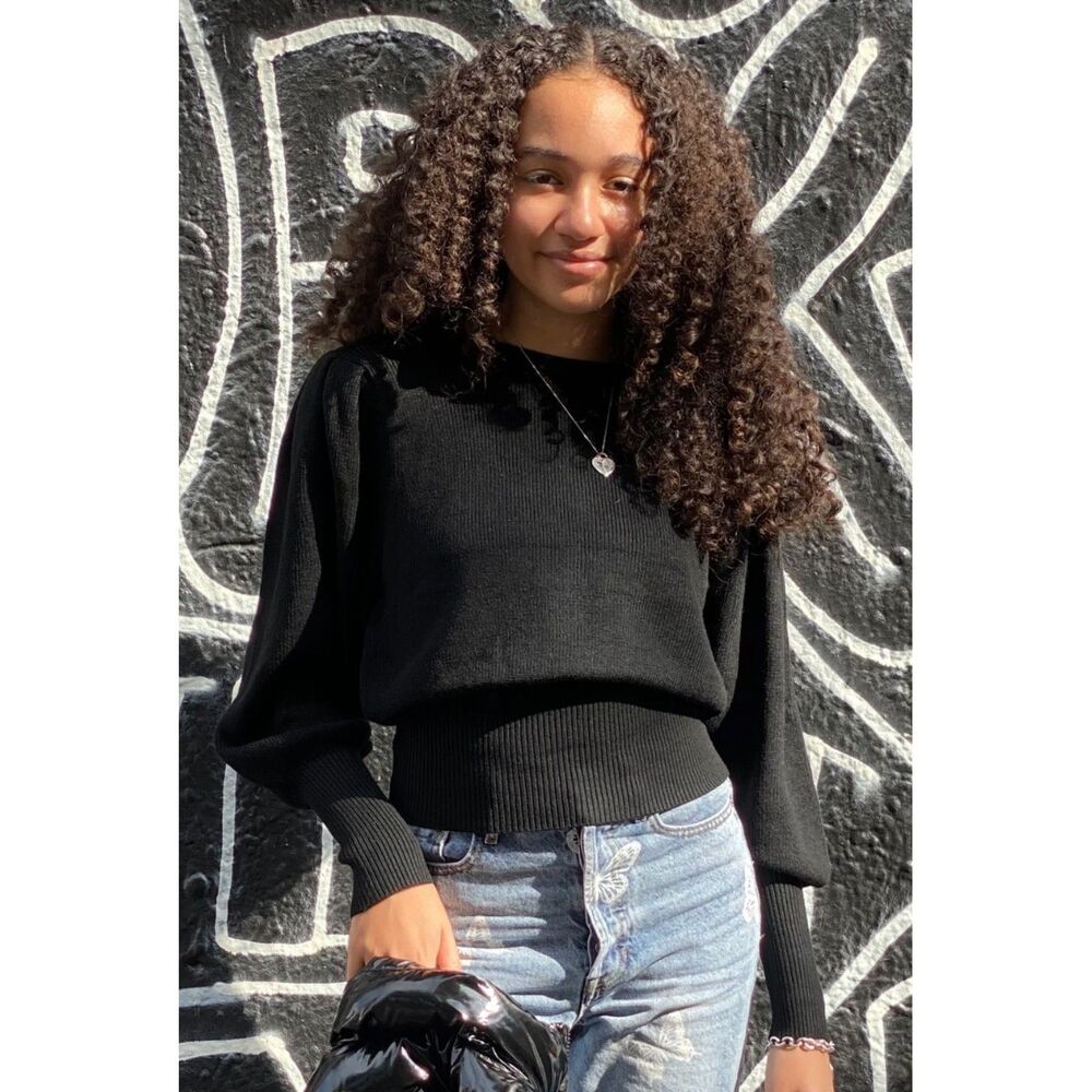 Habitual Girl Black Cable Ribbed Knit Puff Lantern Sleeve Sweater Girls 10